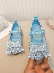 Girls' Pearl & Rhinestone Princess Shoes With Bow Decor, Soft Sole, Casual Versatile For Spring, Summer, Autumn - Blue - View 2