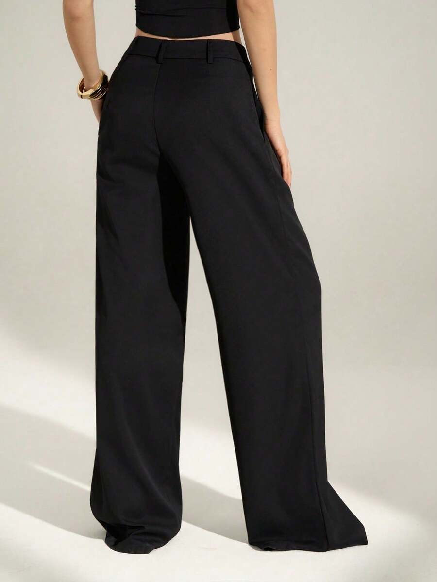 Sexy And Casual Business-Style High-Waisted Wide-Leg Pleated Trousers - Elegant Solid-Color Loose-Fitting Trousers, Professional Office Wear, Work Trousers With Co - 黑色 - 查看 1