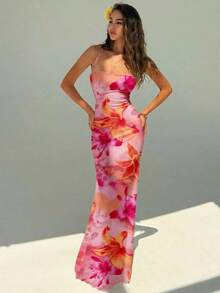 Elegant Women's Dress With Floral Print And Open Back, Summer Clothes, Beach Outfits For Women, Beach Vacation Clothes, Party Outfits, Bridesmaids - 玫瑰紅 - 查看 4