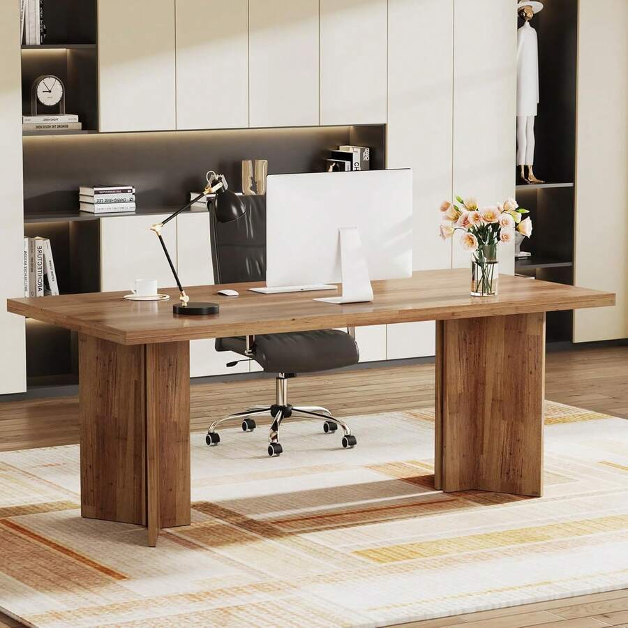 Tribesigns - Escritorio Ejecutivo de 63 Pulgadas, Escritorio Vintage para computadora de Oficina en casa con Mesa Grande, Mesa de conferencias de Madera de Granja para Oficina, Estudio, Color marrón - Café tranquilo - Ver 1