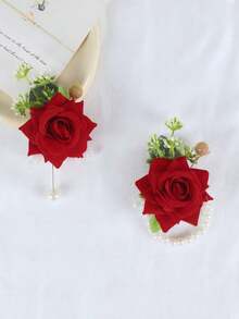Wedding Groom & Bride Daily Wear Velvet Rose Artificial Rose Brooch Corsage Wrist Flower Set - Red - View 9