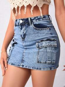 High-Waisted Fitted Mini Skirt With Cargo Pockets, Available In A Variety Of Colors With A Retro-Washed, Stretchy Finish. - Dusty Blue - View 2