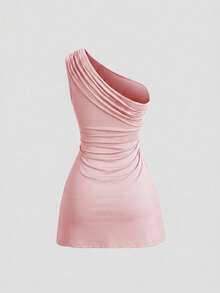 Vestido mini ajustado con hombro asimétrico, cintura fruncida y decoración de hebilla metálica, para primavera/verano - Rosa vieja - Ver 2