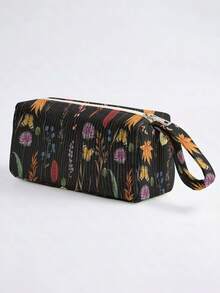 1pc Dark Floral Print Corduroy Foldable Pencil Case With Side Pocket And Handle, Multi-Purpose School And Travel Essential Storage Bag - Multicolor - View 7
