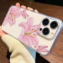 1pc Ins Style Fresh Hibiscus Flower & Leaf Solid Color Pattern Space Shell Anti-Slip Soft Phone Case Compatible With IPhone 11/12/13/14/15/16 Pro Max - Multicolor - View 3