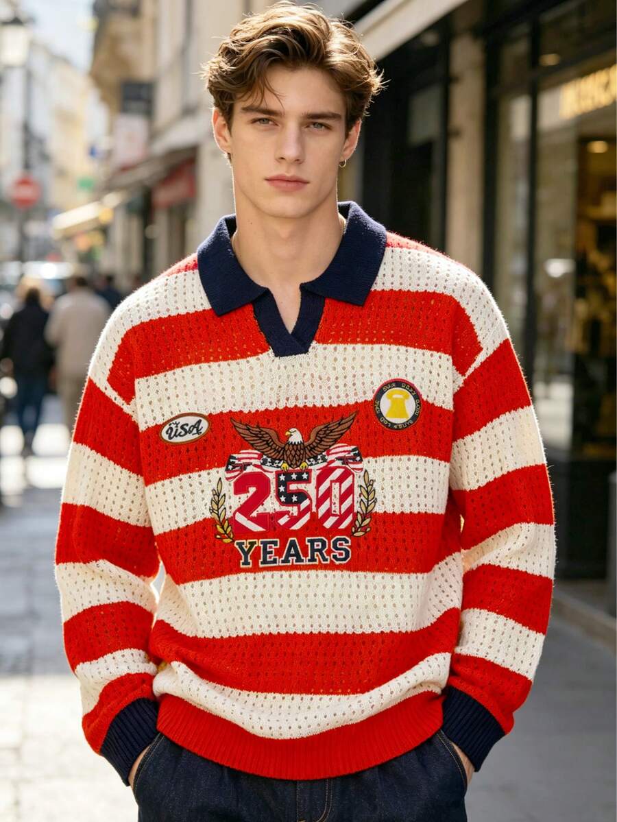 2026 New Men's Spring/Autumn/Winter American Independence Day 250th Anniversary Embroidered Pattern Knitted POLO Pullover Sweater, Casual Loose Vintage Street Style Colorblock Striped Top Suitable For Early Spring/Autumn Daily And Holiday Outdoor Wear