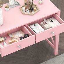 WiberWi - Escritorio, mesa de estudio para oficina en casa con cajones, mesa para escribir en computadora, pequeña para usar como tocador, maquillarse para recámara, niñas, color rosa - Rosado - Ver 4