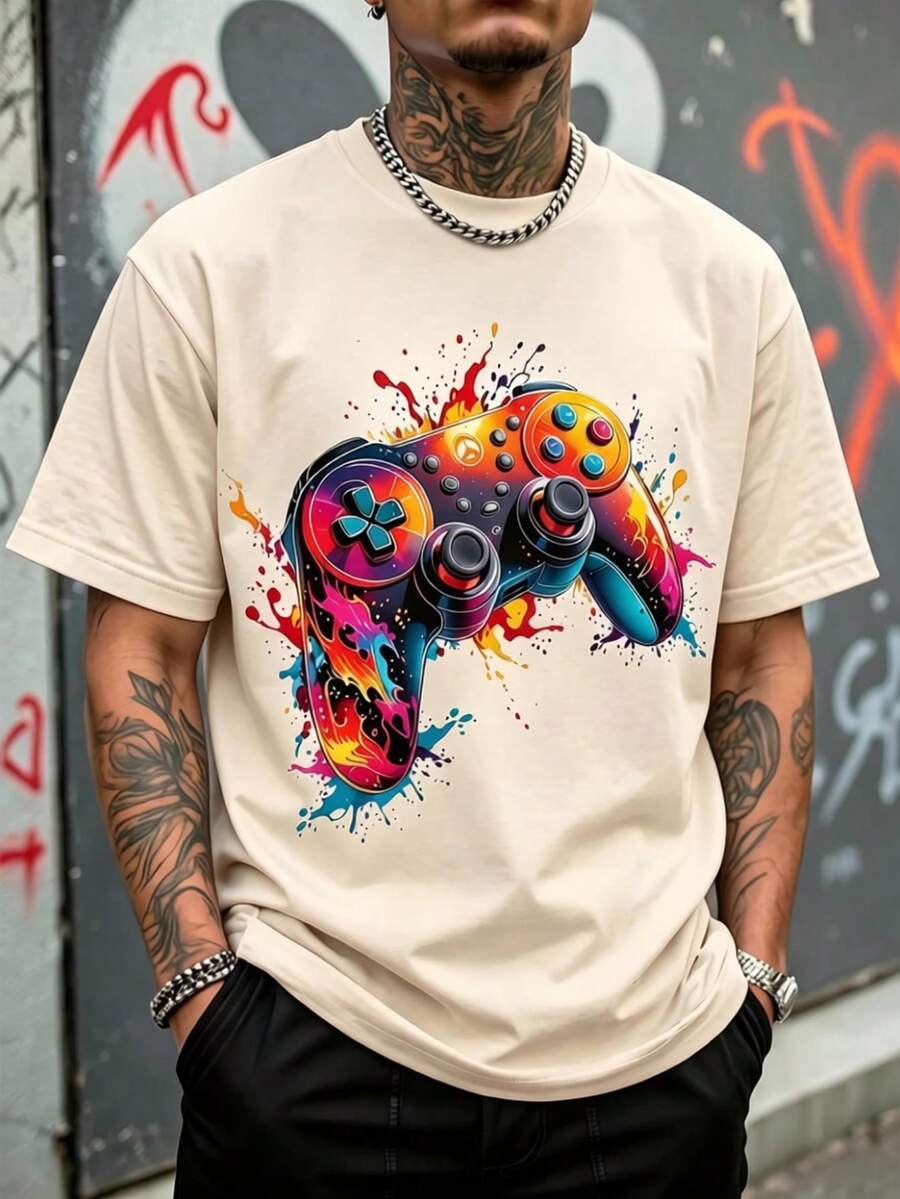 Playera mando de videojuegos salpicaduras coloridas hombre,moda para el verano.