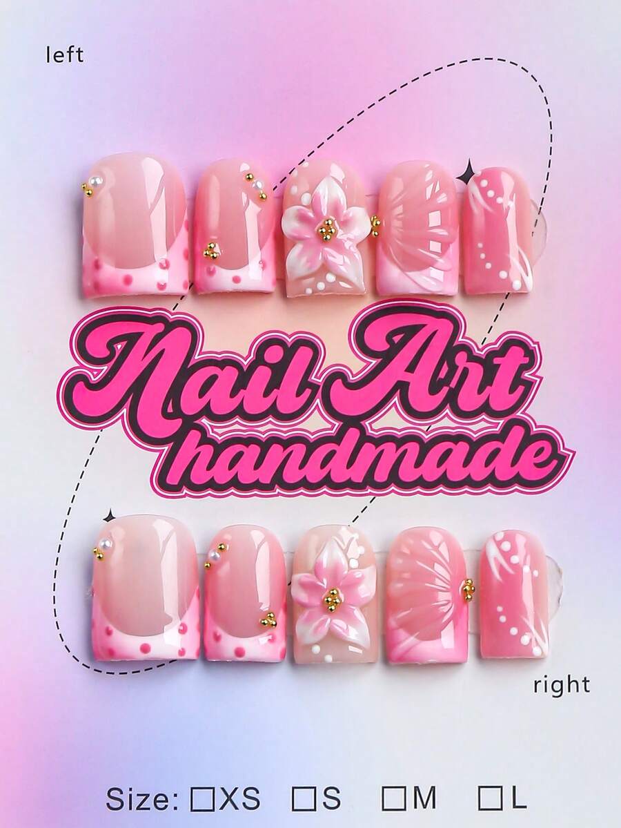 10pcs Handmade Square Shaped False Nails, Y2K Cool Style, Nude, White, Gold Color Options, White French And 3D Asymmetrical Design, With White French Edge, Carved Pink Flower Pattern, Gold Steel Beads, Shell, Pearl Elements, Suitable For Party, Wedding, Daily Wear, Comes With Tool Set, Perfect Gift For Women And Girls - Pink - View 1
