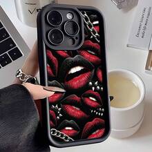1pc Black & Red Lip Print And Chain Creative Ins Style European & American Sexy Lips Red, Matte Black Camera Frame Stepped Design Full Coverage Anti-Drop Soft Case, Suitable For /Honor/Apple/Transsion/Phone Case - Multicolor - View 2
