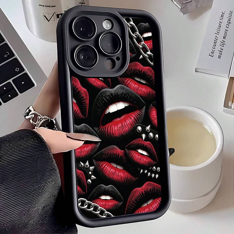 1pc Black & Red Lip Print And Chain Creative Ins Style European & American Sexy Lips Red, Matte Black Camera Frame Stepped Design Full Coverage Anti-Drop Soft Case, Suitable For /Honor/Apple/Transsion/Phone Case