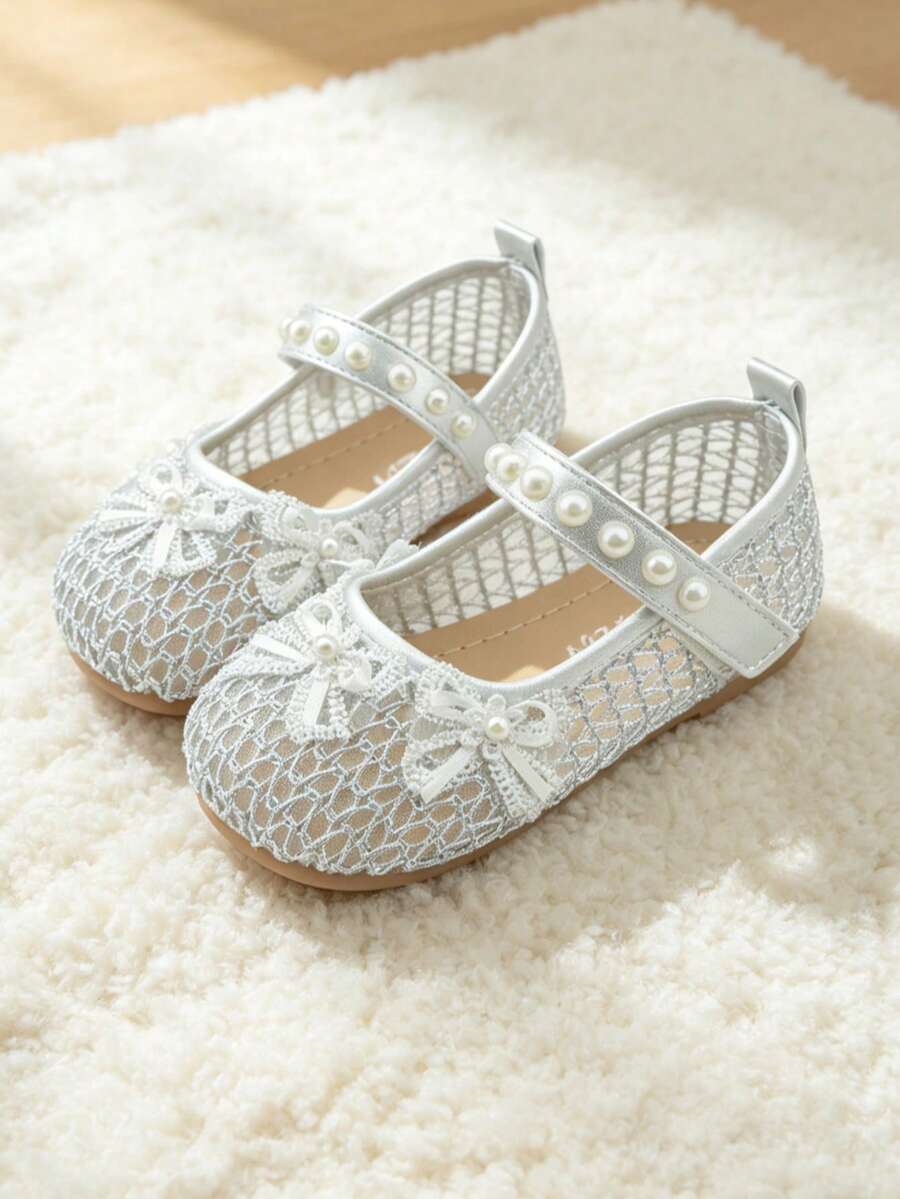 Hot New Arrival - 3-12 Years Old Children's Silver Mesh Shoes. Breathable Mesh Fabric + Double Bows + Pearl Hook And Loop. Princess Style. - Silver - View 1