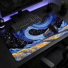 深金色星空蒸汽火車大號滑鼠墊，加厚防滑縫邊電競桌墊，藝術油畫風鍵盤墊，適用於 PC 辦公室居家裝飾 - 查看 3