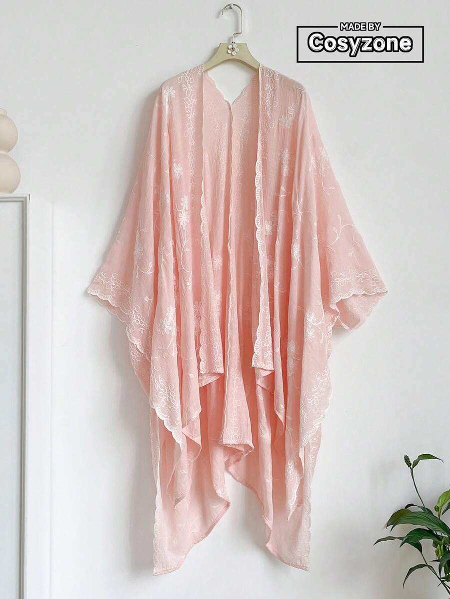 1件優雅花卉圖案波希米亞風刺繡開襟和服式圍裙披肩,春夏海灘度假防曬罩衫,時尚百搭輕盈奢華裝飾開襟衫,適合日常穿著,送禮首選 - 粉色 - 查看 1