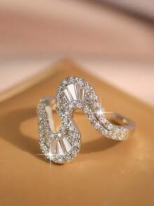 1 pieza Anillo abierto con diseño de cinta en forma de S único, chapado en plata con pavé completo de circonita cúbica brillante, joyería para mujer para uso nupcial, boda, uso diario, fiesta y regalo - Blanco - Ver 1