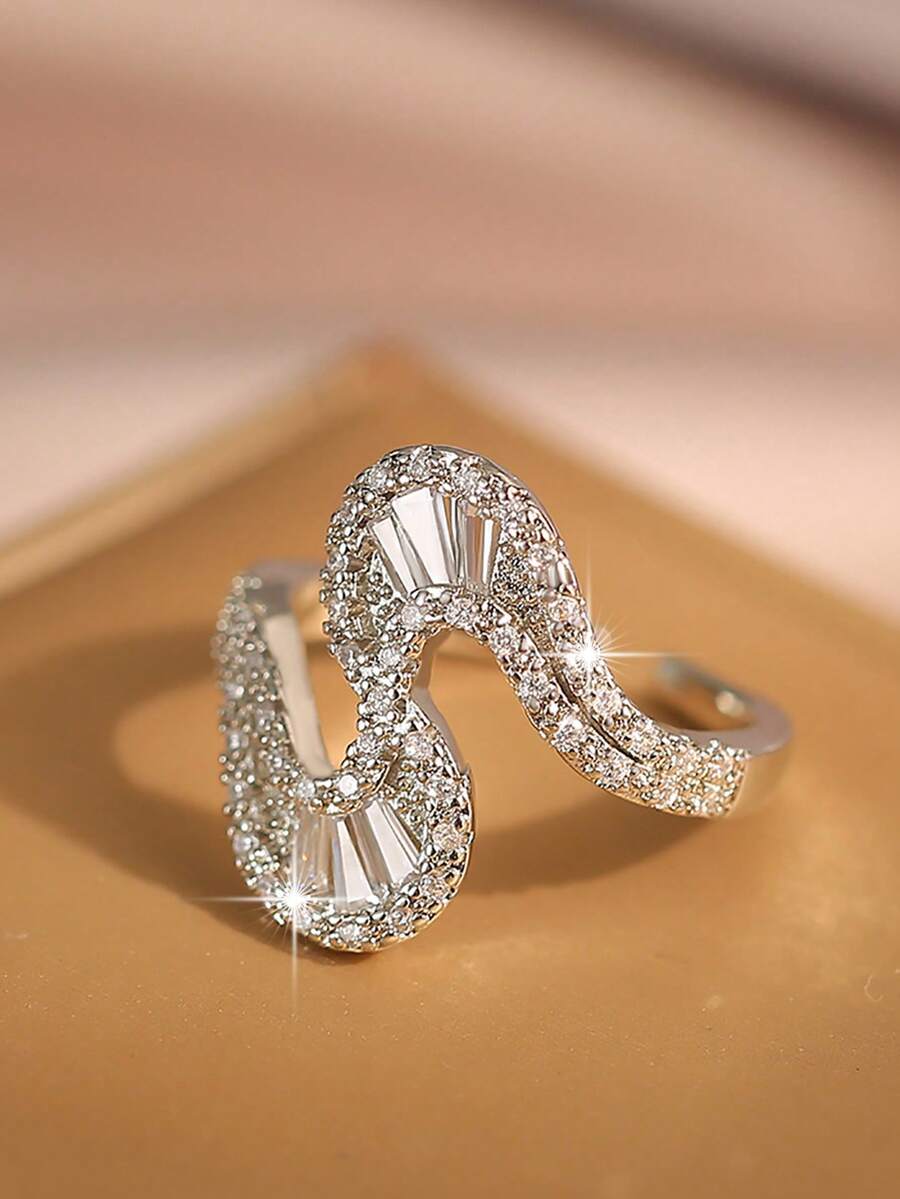 1 pieza Anillo abierto con diseño de cinta en forma de S único, chapado en plata con pavé completo de circonita cúbica brillante, joyería para mujer para uso nupcial, boda, uso diario, fiesta y regalo - Blanco - Ver 1