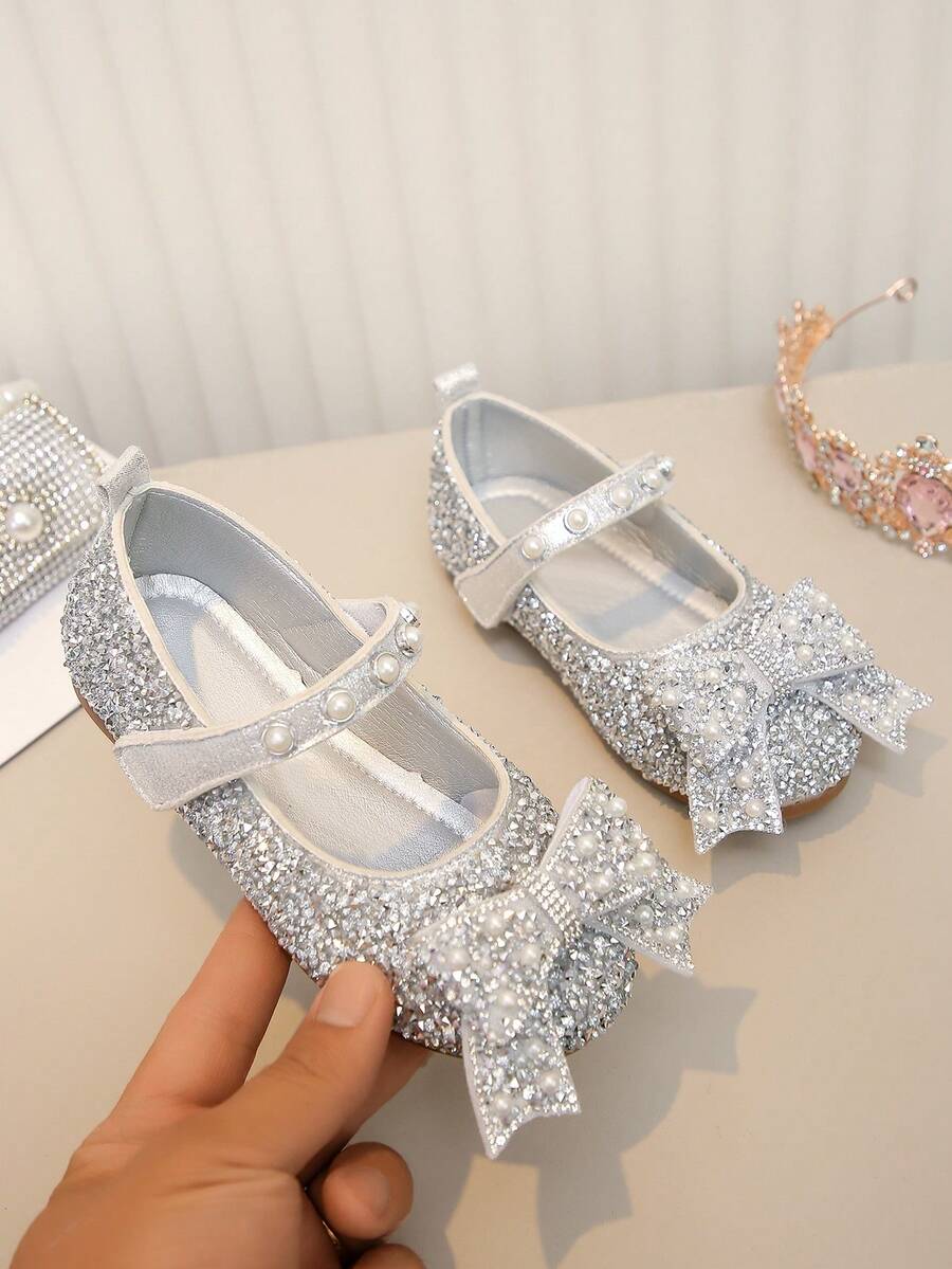 Girls' Pearl & Rhinestone Princess Shoes, Bow Decor Soft Sole Shoes, Spring Summer Autumn Casual Versatile Outfit - Silver - View 1