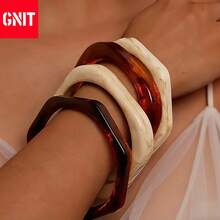 GNIT Tortoise Shell & Marble Pattern Resin Women's Bracelet, 4pcs/1pc Square Stackable Wide Vintage Statement Jewelry Set - White Brown. Translucent Coffee. White Brown. Translucent Coffee. - View 3