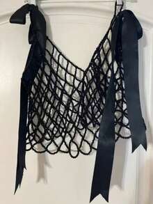 Beaded Camisole Top With Niche Design, Versatile Fashion Hollow Woven V-Neck Body Chain Cute Bow Strap, Gift For Girls - Black - View 4