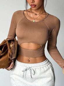 Coffee Brown Ribbed Hollow-Out Cutout Long Sleeve Slim Fit Cropped T-Shirt, Casual Street Style Y2K Women's Short Top - Mustard Yellow - View 6