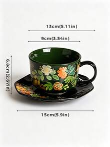 DearDali 2 Stücke (1 Tasse + 1 Untertasse) Hochtemperatur-Keramik Retro Glanz Bunte Glasur Kaffee Tasse und Untertasse Set, breiter Griff Tasse mit Untertasse, Vintage Blumen handgemalt botanischer Muster, Tischgeschirr Frühstückstasse, Schreibtisch Dekoration, künstlerische Atmosphäre Geschenk, geeignet für Einweihungsparty, Geburtstagsgeschenk, Kaffee- und Teeliebhaber, Nachmittagstee-Treffen zu Hause - Verschiedenfarbig - Übersicht 3