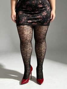 1 pieza Leggings ajustados de mujer talla grande con diseño de concha jacquard, medias de red hueca multicolor estilo Y2K, elásticas cómodas y sexys, adecuadas para uso diario en la oficina, fiesta de Halloween, ropa de casa, atuendo versátil de estilo gótico - Multicolor - Ver 6
