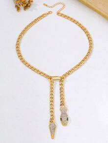 1pc Gold Jewelry Necklace With Classic Double Snake Head Pendant, Fashionable High-End Vintage Niche Design, Multiple Blogger Style, Atmospheric Accessory - Green - View 5