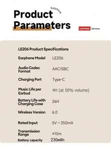 Lenovo 联想 LE206 迷你隐形蓝牙耳机，佩戴舒适，物理降噪，麦克风 ENC 通话降噪，环绕立体声，高品质音频，超长续航，低延迟，硅胶耳塞，适用于运动、游戏、音乐、睡眠等场景，无线耳机，兼容智能手机和电脑。 - 查看 11