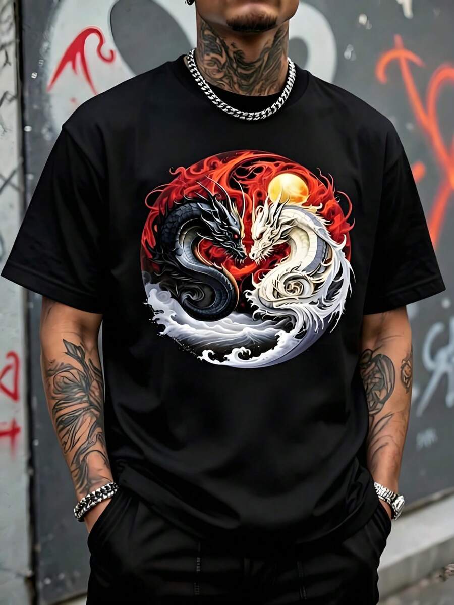 Men's Loose Fit T-Shirt, Realistic Illustration In Oriental Art Style In Yin Yang Circle, A Black Dragon With Red Flames And Golden Sun. - 黑色 - 查看 1