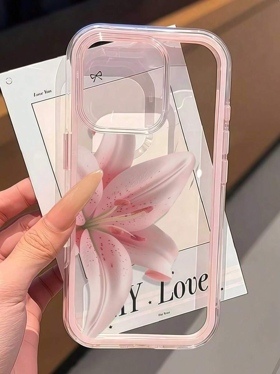 1件粉色百合大花圖案個性化粉色邊框二合一透明全包覆TPU防震時尚手機殼,適用於 11 12 13 14 15 16 17 Pro Max/Plus,完美禮物 - 粉色 - 查看 1