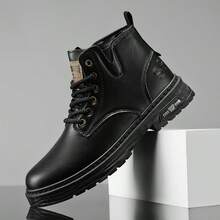 Men's Vintage Brown Side Zipper Snow Boots, High-Top Work Boots, Non-Slip PU Leather Ankle Boots, Suitable For Outdoor Daily Wear - Black - View 5