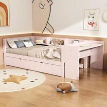 Flat Bed 90 X 200 Cm With Pull-Out Bed, Integrated Desk And Three Side Shelves, Pink. - 粉色 - 查看 5