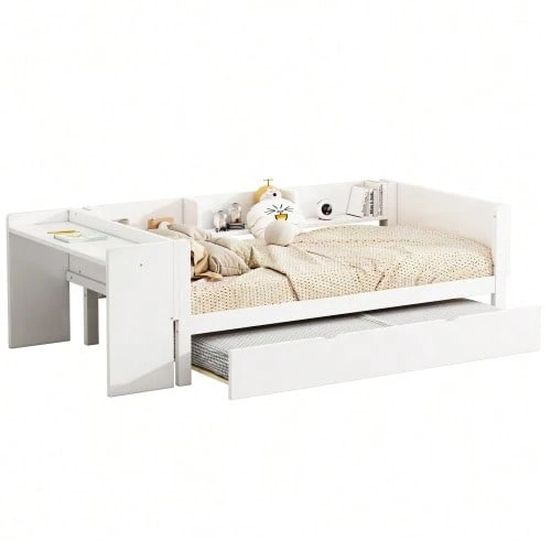 Flat Bed 90 X 200 Cm With Pull-Out Bed, Integrated Desk And Three Side Shelves, Pink. - 白色 - 查看 1