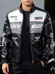 Nueva chaqueta de cuero para motocicleta para hombres, chaqueta de carreras con bloques de color, ajuste holgado de marca, forro polar, negro deportivo de invierno - Negro - Ver 2