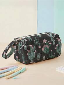 1pc Dark Floral Print Corduroy Foldable Pencil Case With Side Pocket And Handle, Multi-Purpose School And Travel Essential Storage Bag - Multicolor - View 1