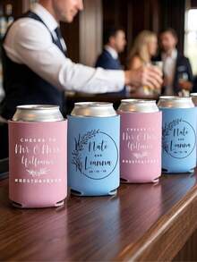 1/5/10pcs Customized Personalized Text Can Cooler, Minimalist Soft Insulated Beverage Sleeve, Can Print Custom Name & Date, Portable Beer Can Holder, Wedding Favor, Suitable For Bridal Shower, Anniversary, Birthday Party, Souvenir Guest Gift, Foldable - Multicolor - View 2