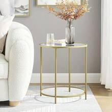 Round Side Table, Small Coffee Table, Tempered Glass End Table With Steel Frame, Bedside Table, Living Room, Balcony - Metallic Golden and Transparent - View 1