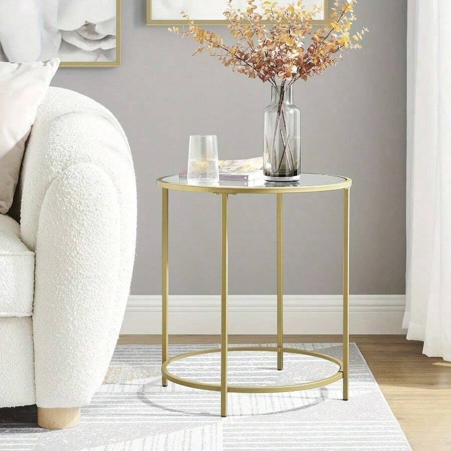 Round Side Table, Small Coffee Table, Tempered Glass End Table With Steel Frame, Bedside Table, Living Room, Balcony - Metallic Golden and Transparent - View 1
