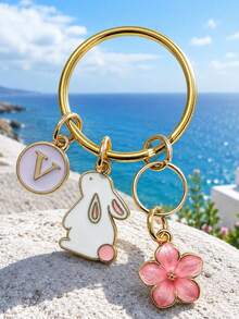 Customizable Initial Spring Cherry Blossom Keychain Set, Pink Flower Rabbit Pendant, Forest Fairy Style Key Ring, Unisex Car Key Fob, Daily & Holiday Accessory, Cute Style Keychain Suitable For Bags, Women's Accessories, Customized Tags, Gift For Women - White Rabbit + Pink Flower - View 3