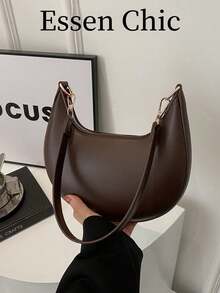 1 pieza Bolso de hombro en forma de media luna de color café con piel de PU, bolso debajo del brazo de mujer de unicolor simple de moda, para otoño/invierno - Negro 2 - Ver 2