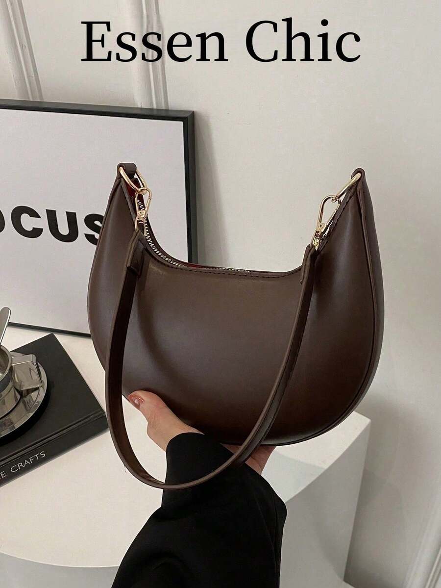 1 pieza Bolso de hombro en forma de media luna de color café con piel de PU, bolso debajo del brazo de mujer de unicolor simple de moda, para otoño/invierno