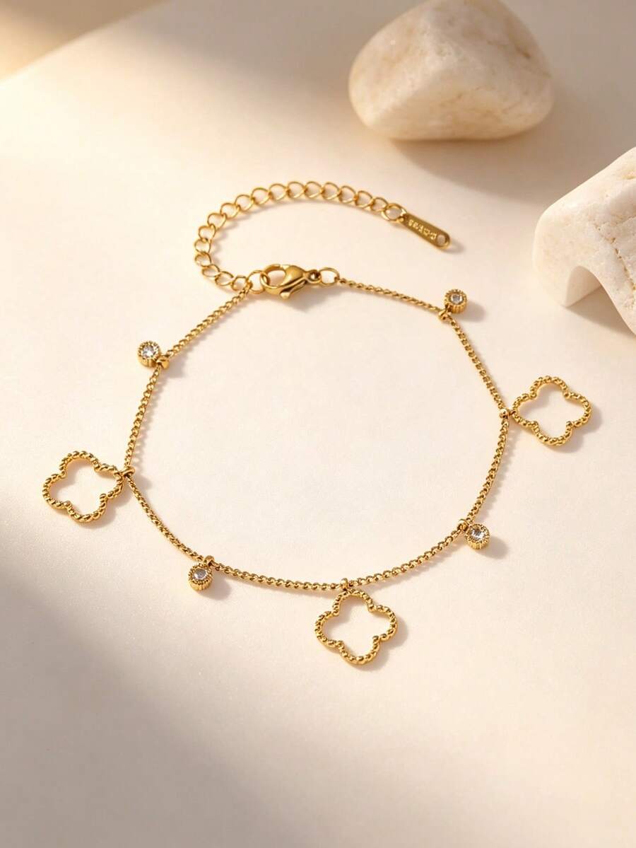 2026 Luxury Hollow Stainless Steel Bracelet With Star & Heart Charms, Delicate Rhinestone Inlaid, Versatile & Elegant Gold-Tone Women Bracelet