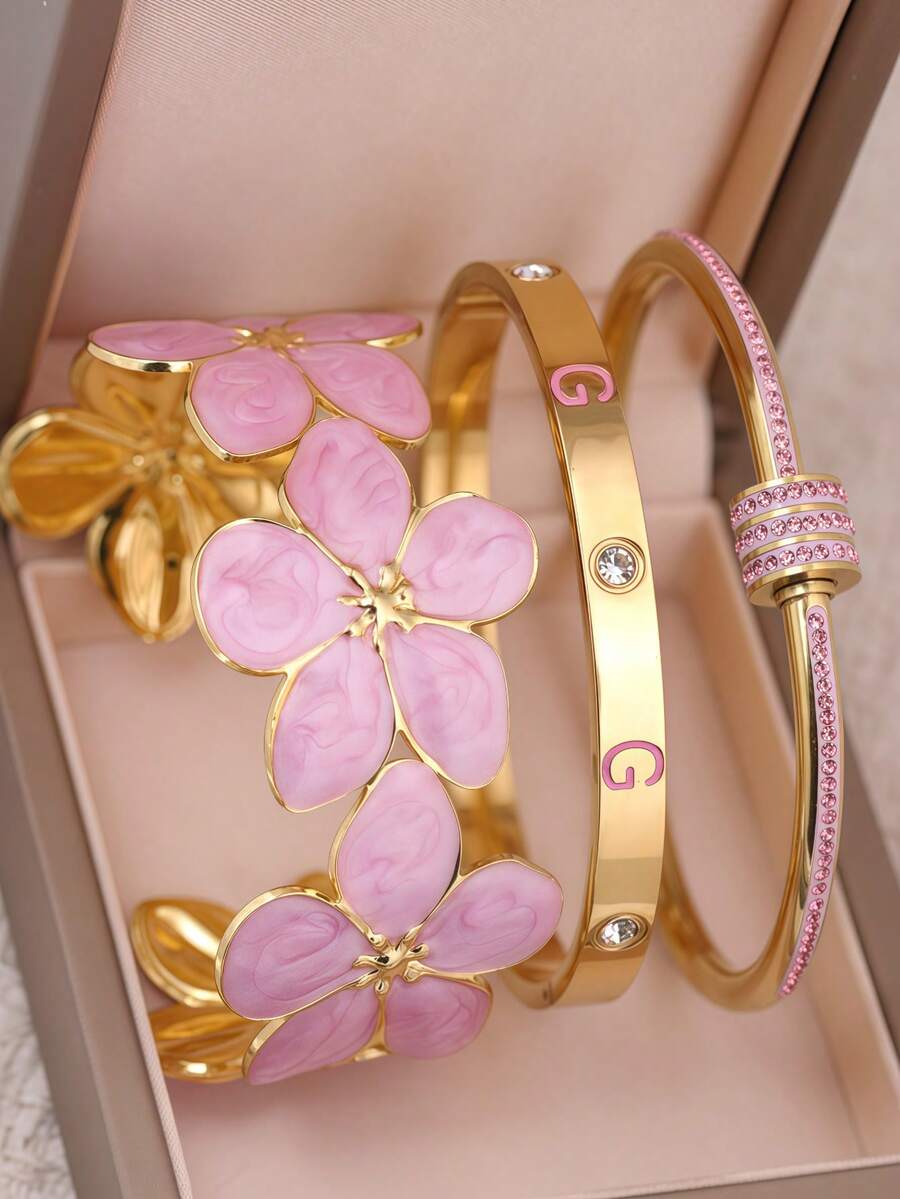 3件/1件裝 女款奢華粉色琺瑯 H 字鑲鑽手鍊 18K 金色不鏽鋼可疊戴手環 時尚極簡 派對日常穿戴珠寶手鐲 - 金黃色 - 查看 1