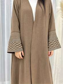 Abaya Kimono Cardigan Elegante de Mujer con Frente Abierto, Mangas Acampanadas Bordadas con Diseño Geométrico, Textura Arrugada, Abrigo Largo Holgado Musulmán - Multicolor - Ver 19