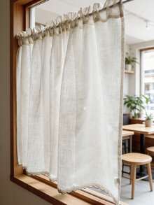 1pc Short Curtain, Window Valance, Door Curtain, Beige Minimalist Japanese Style With Black Lace Trim, Suitable For Home, Kitchen, Children's Room, Window Decor, Door Decor, Christmas Window Matching - Beige - View 4