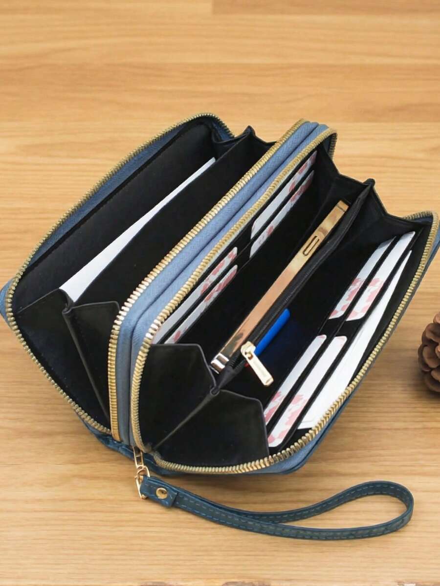 Vintage Snake Print Multi-Layer Zipper Handbag Phone Pouch - Blue - View 1