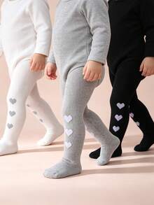 3 Pairs Baby Girls Heart Pattern Solid Color Tights, High Elasticity Soft Baby Leggings, Basic Everyday Wear - Multicolor - View 1