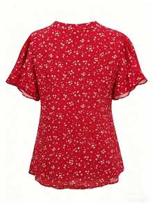 Women's Floral Chiffon Blouse, Ruffle Trim, Short Sleeve, Soft V-Neck - Elegant Office/Casual Top For Spring, Summer, Autumn Red Vacation - Red - View 3