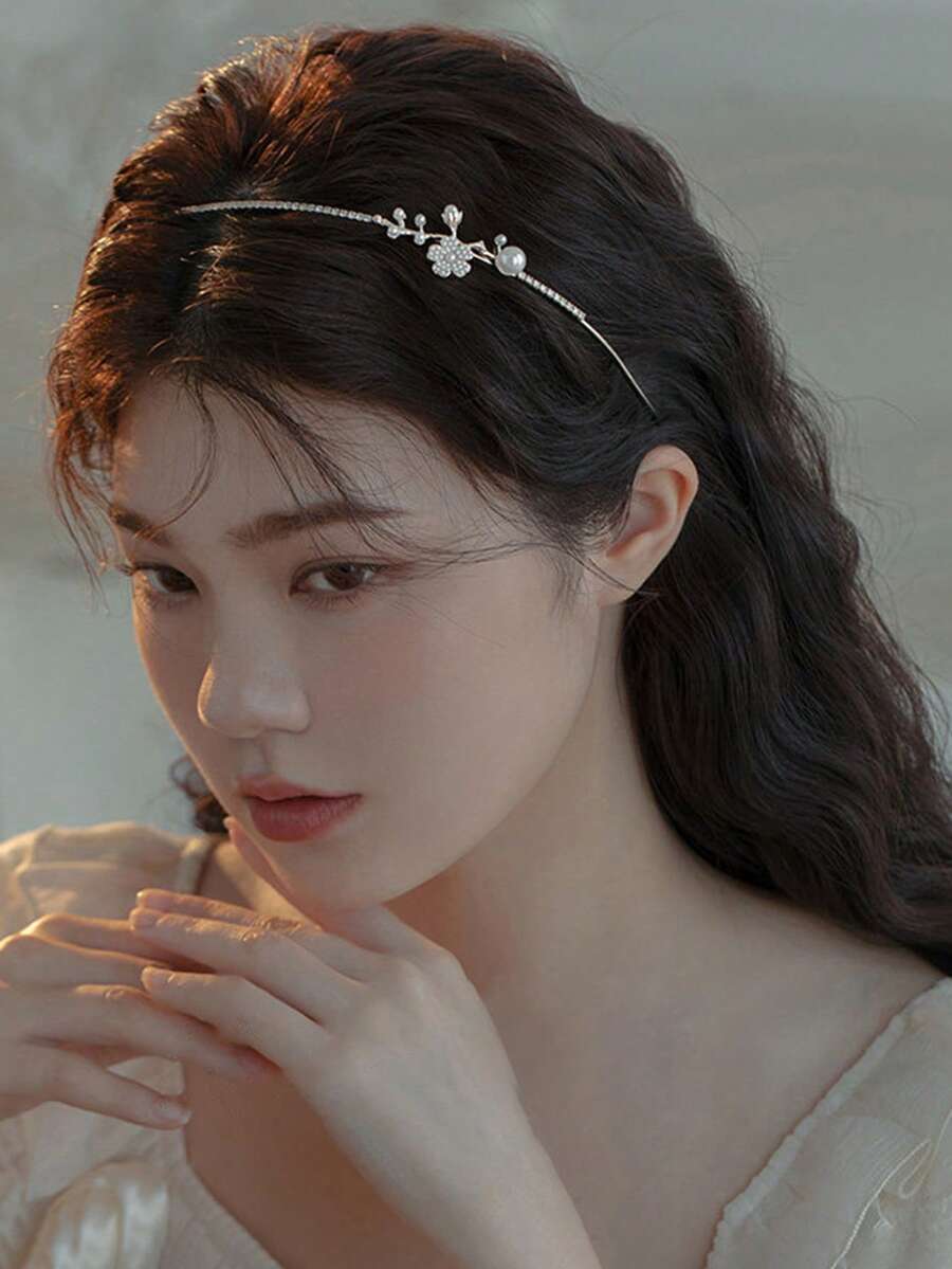 1件女款純色合金金屬花朵珍珠水鑽細髮箍,優雅甜美校園風,百搭髮飾,適合日常/約會/通勤 - 金色 - 查看 1