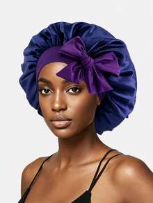 1pc Women's Elastic Satin Sleep Bonnet With Ribbon, Dual-Color Adjustable Knot Hair Wrap Cap For Daily Use - Multicolor - View 5